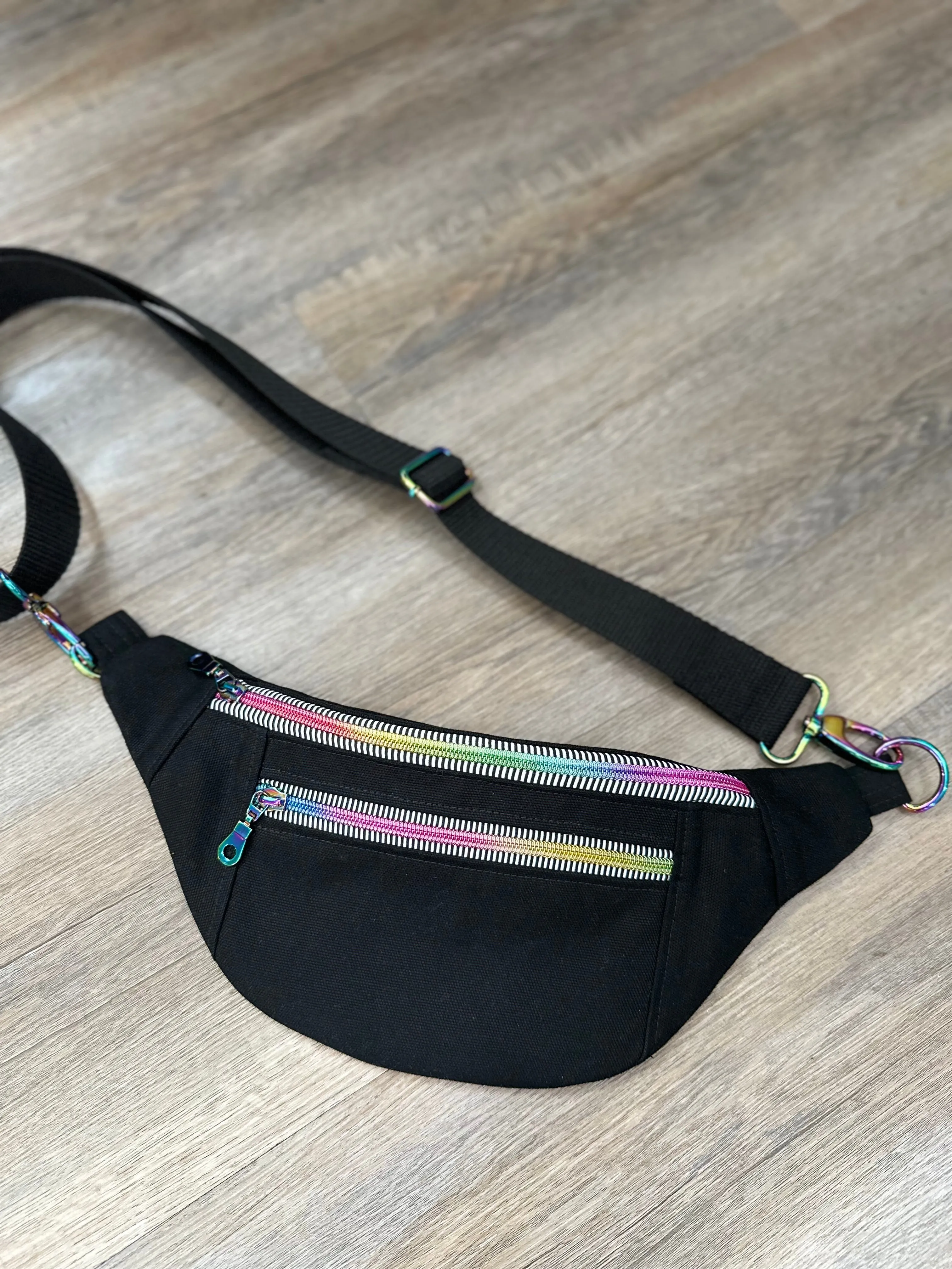 Crossbody Hipster Bag: Black Canvas Butterfly Lining