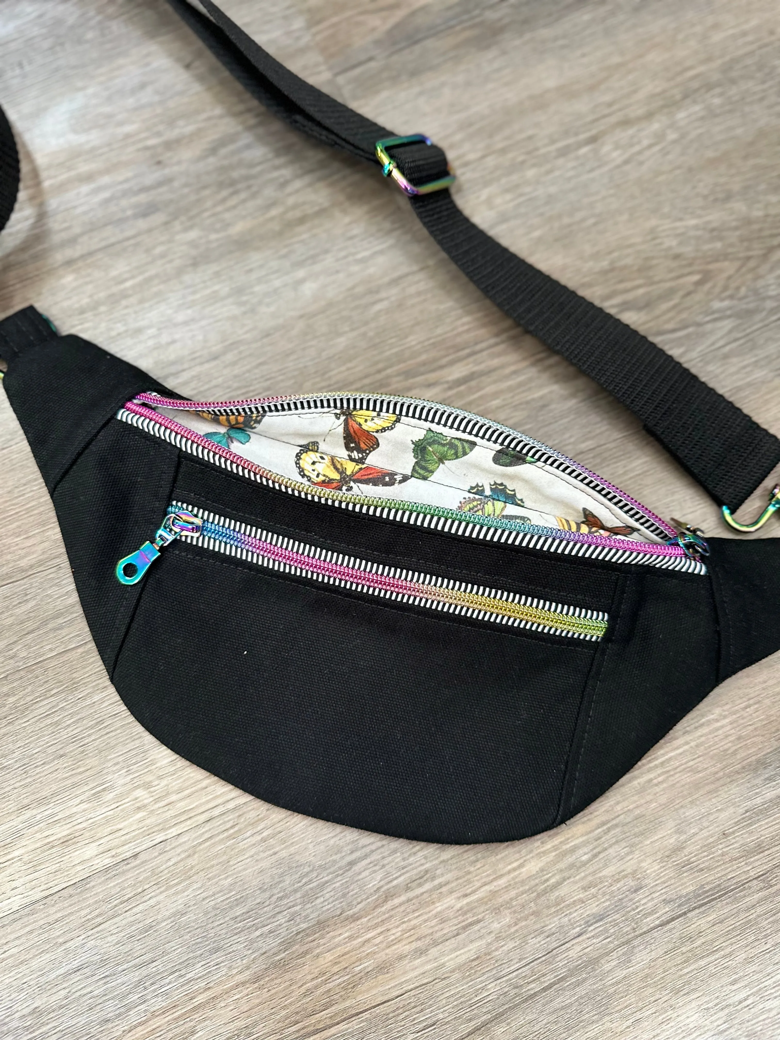 Crossbody Hipster Bag: Black Canvas Butterfly Lining