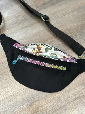 Crossbody Hipster Bag: Black Canvas Butterfly Lining