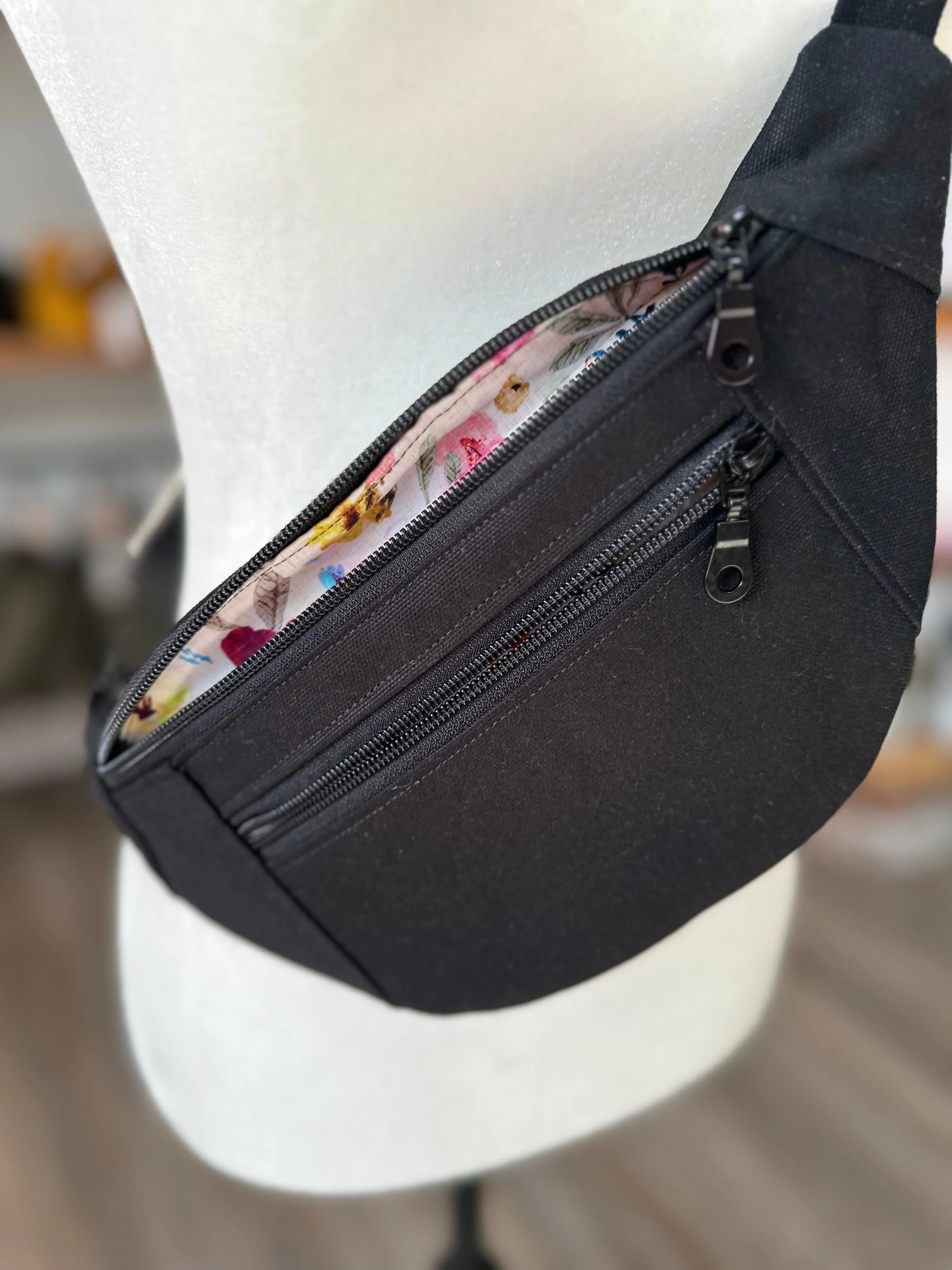 Crossbody Hipster Bag: Black Canvas Floral Lining