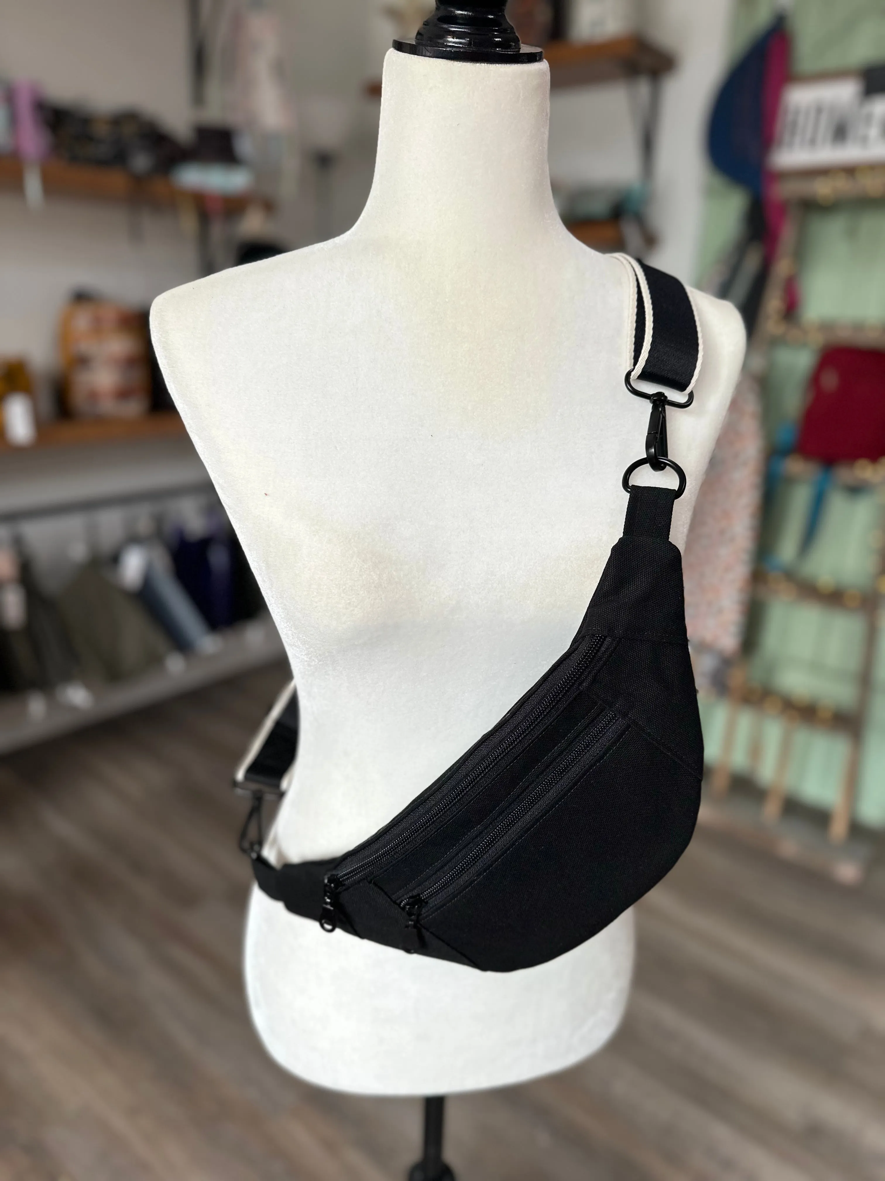Crossbody Hipster Bag: Black Canvas Floral Lining