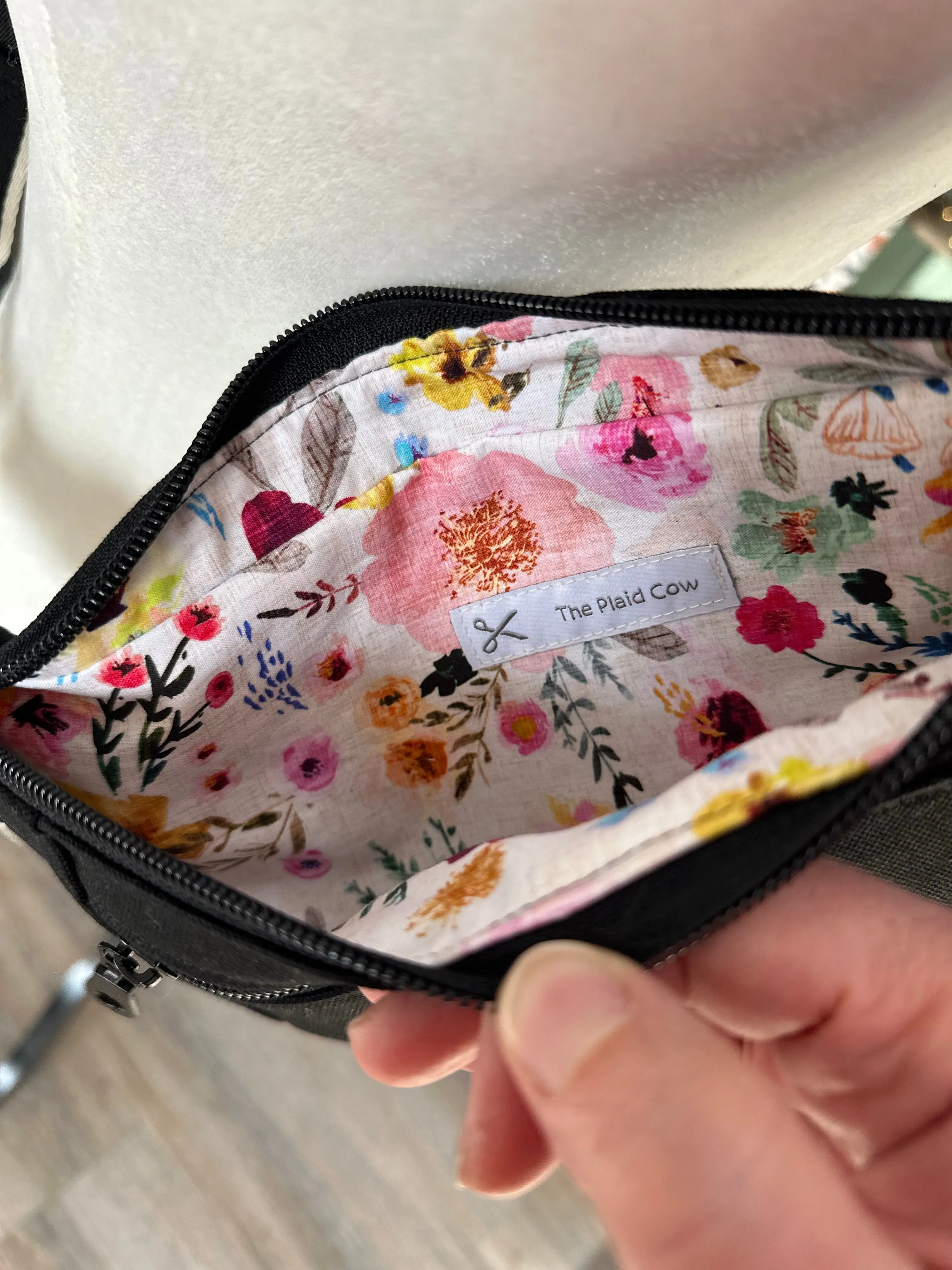 Crossbody Hipster Bag: Black Canvas Floral Lining