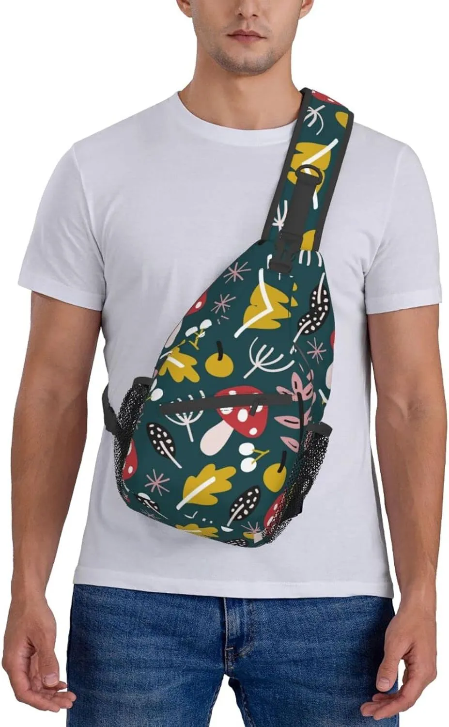 Crossbody Sling Backpack Sling Bag Chest Bag Shoulder Bag Travel Hiking Daypack For Men Women-Cartoon Leaf Mushroom Red