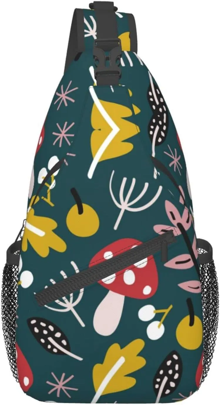 Crossbody Sling Backpack Sling Bag Chest Bag Shoulder Bag Travel Hiking Daypack For Men Women-Cartoon Leaf Mushroom Red