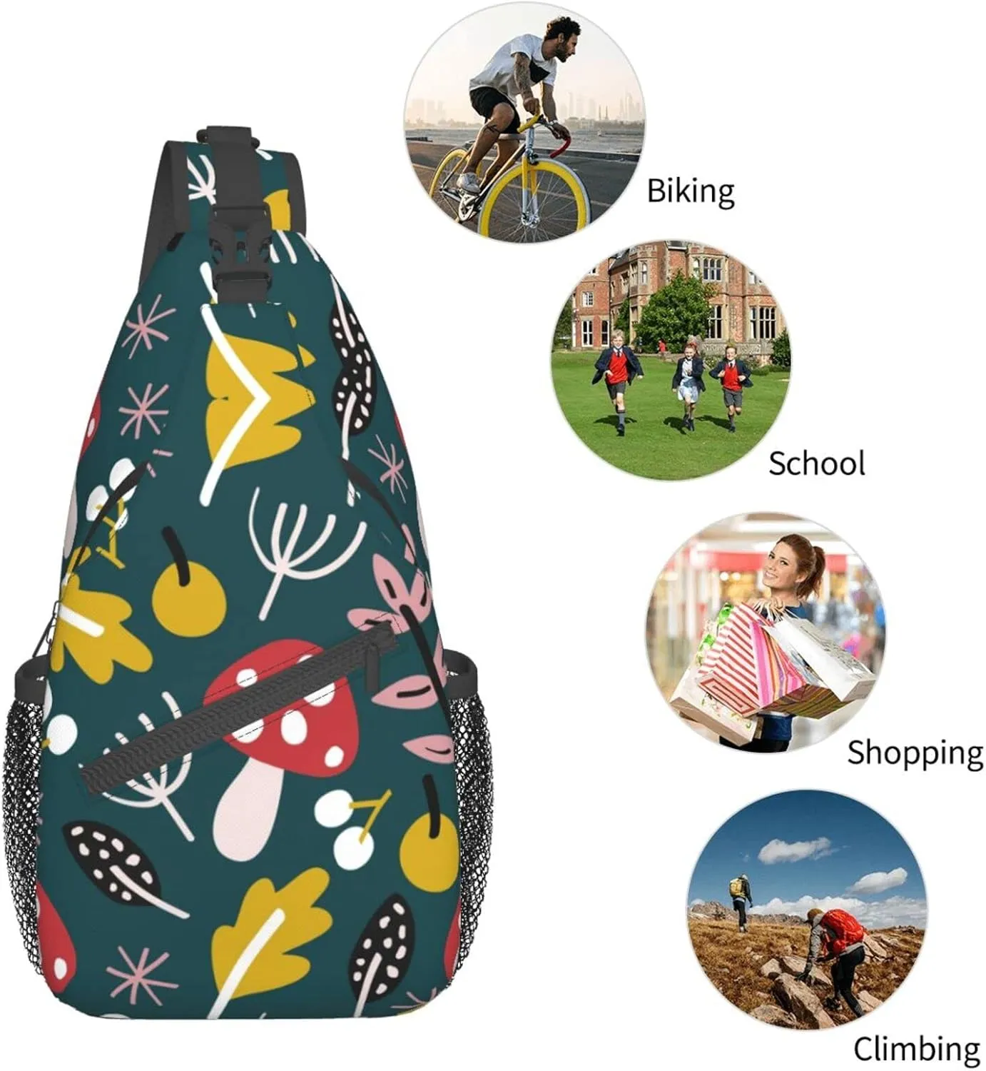 Crossbody Sling Backpack Sling Bag Chest Bag Shoulder Bag Travel Hiking Daypack For Men Women-Cartoon Leaf Mushroom Red