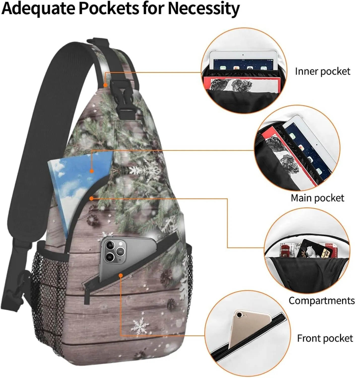 Crossbody Sling Backpack Sling Bag Chest Bag Shoulder Bag Travel Hiking Daypack For Men Women-Christmas Fir Tree Branch And Snowflake On Wooden