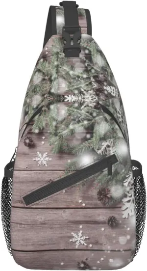 Crossbody Sling Backpack Sling Bag Chest Bag Shoulder Bag Travel Hiking Daypack For Men Women-Christmas Fir Tree Branch And Snowflake On Wooden