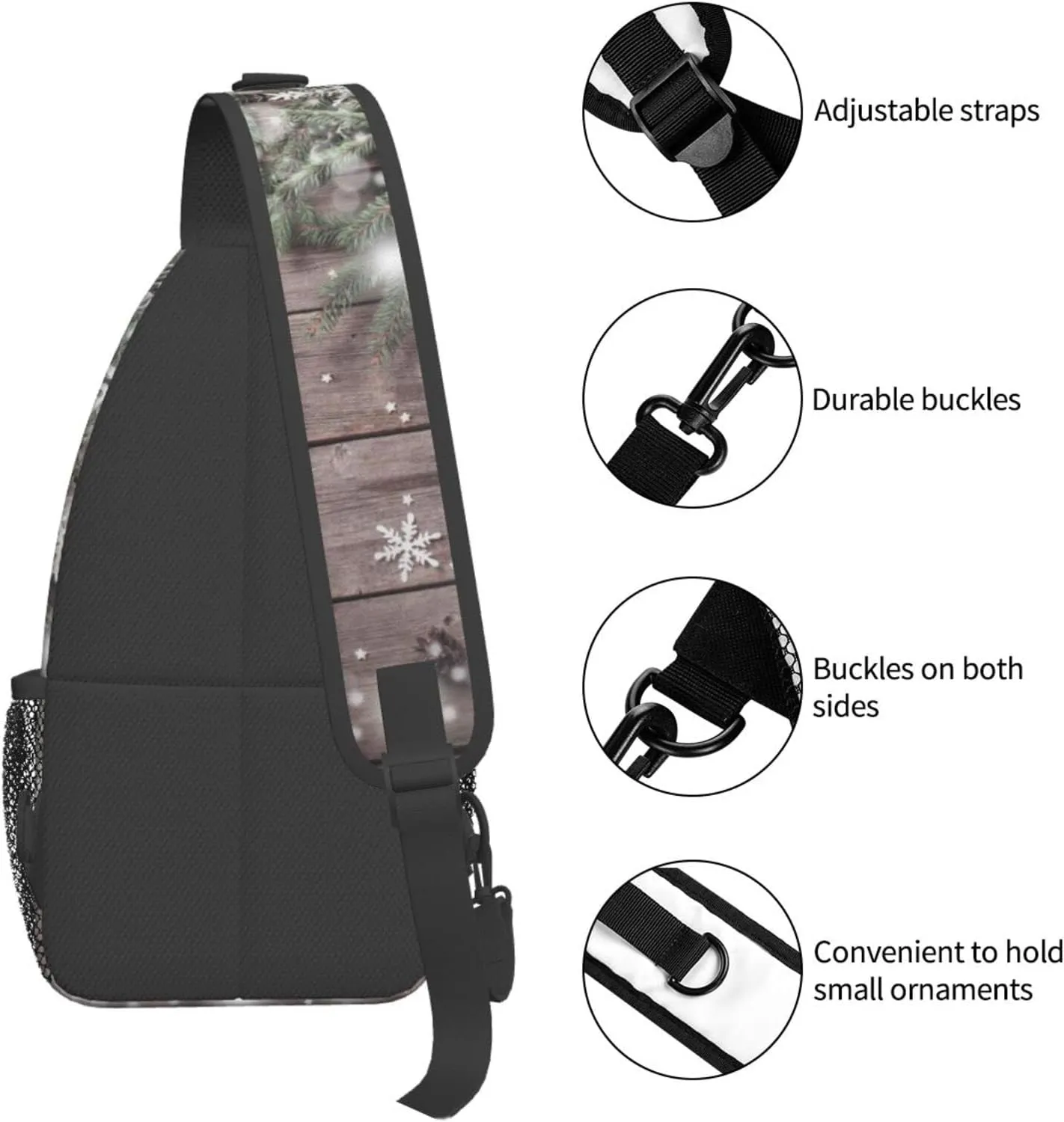 Crossbody Sling Backpack Sling Bag Chest Bag Shoulder Bag Travel Hiking Daypack For Men Women-Christmas Fir Tree Branch And Snowflake On Wooden