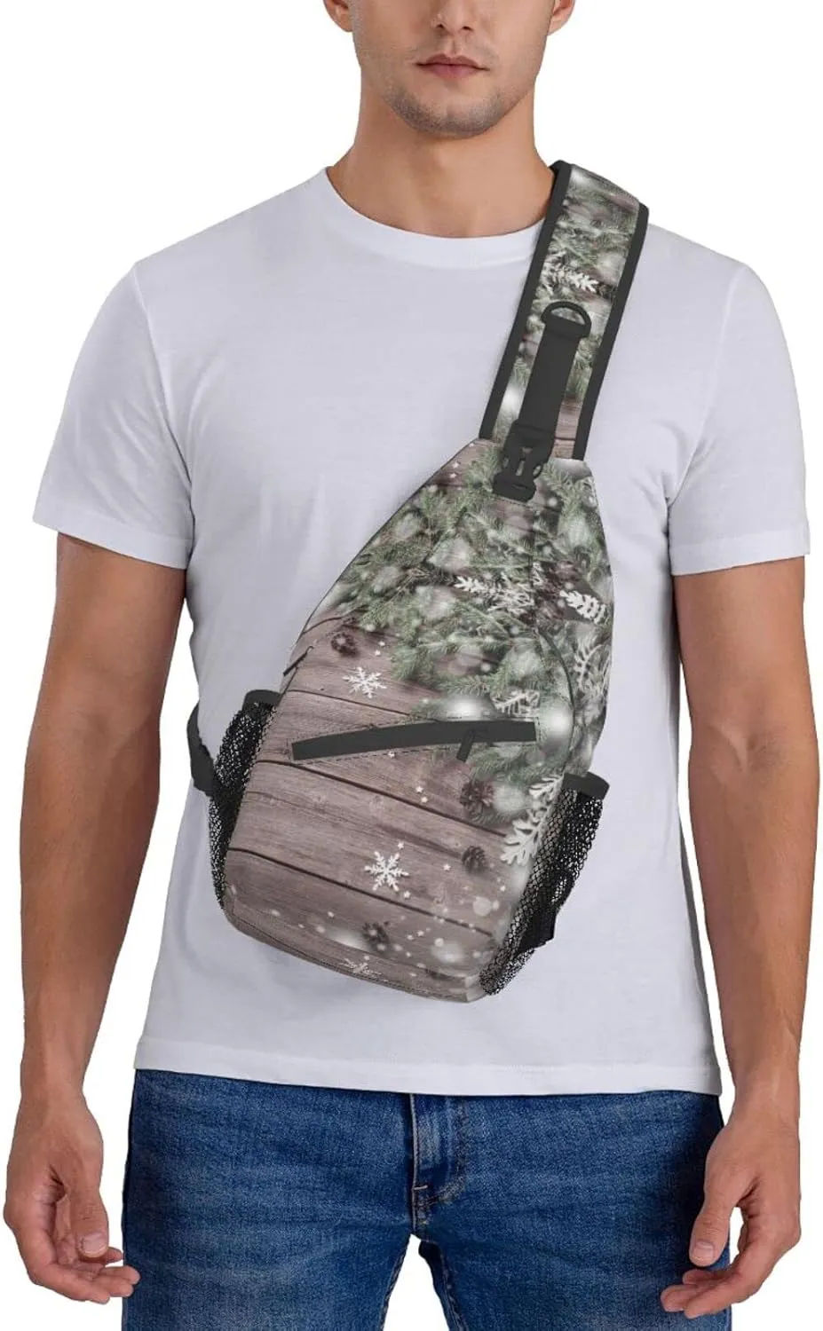Crossbody Sling Backpack Sling Bag Chest Bag Shoulder Bag Travel Hiking Daypack For Men Women-Christmas Fir Tree Branch And Snowflake On Wooden
