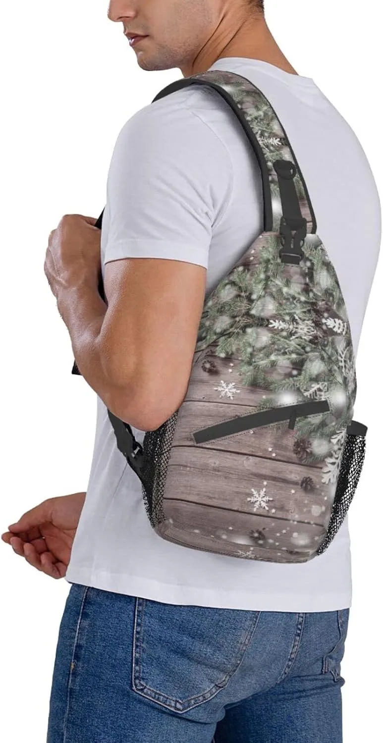 Crossbody Sling Backpack Sling Bag Chest Bag Shoulder Bag Travel Hiking Daypack For Men Women-Christmas Fir Tree Branch And Snowflake On Wooden