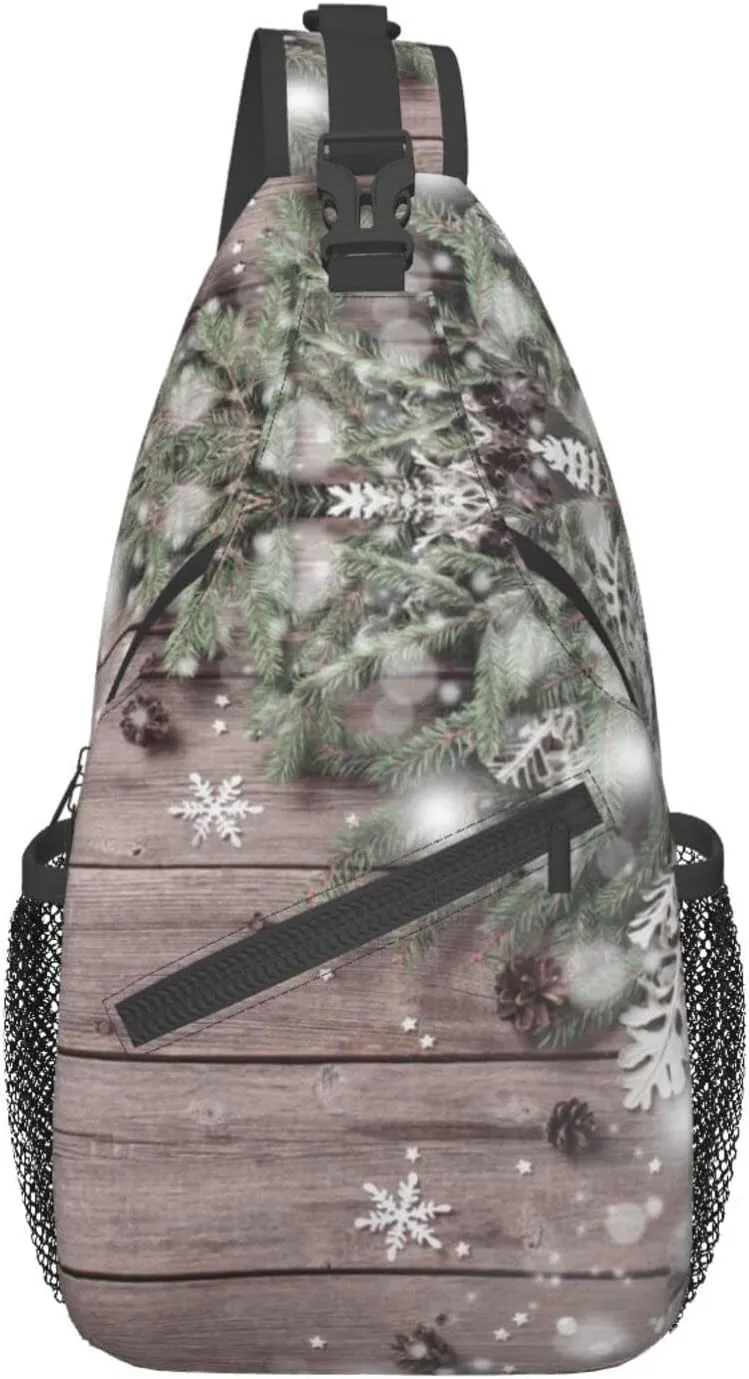 Crossbody Sling Backpack Sling Bag Chest Bag Shoulder Bag Travel Hiking Daypack For Men Women-Christmas Fir Tree Branch And Snowflake On Wooden