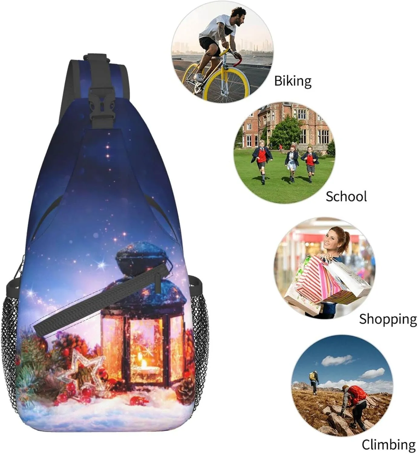 Crossbody Sling Backpack Sling Bag Chest Bag Shoulder Bag Travel Hiking Daypack For Men Women-Lantern On Snow With Christmas