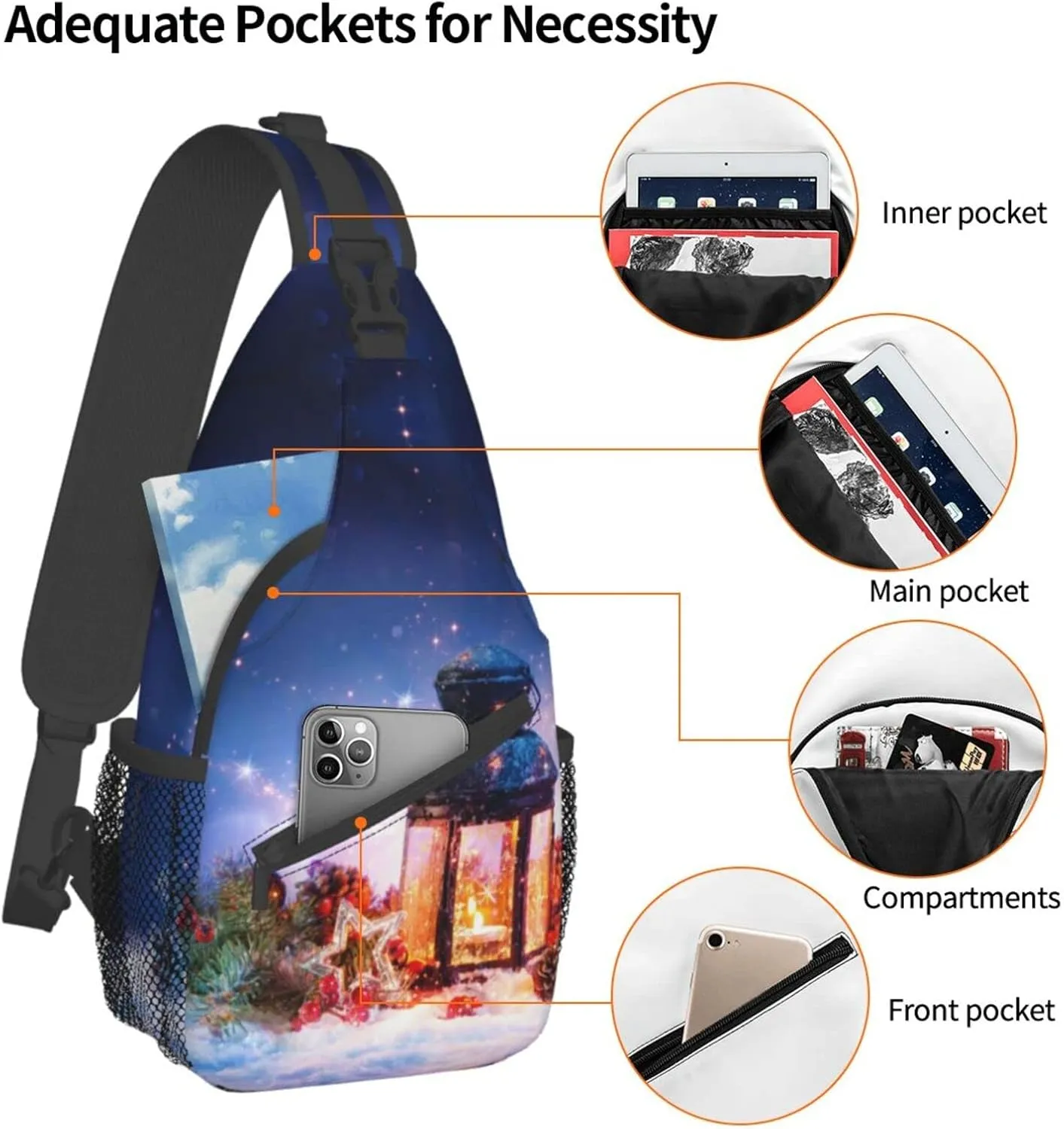 Crossbody Sling Backpack Sling Bag Chest Bag Shoulder Bag Travel Hiking Daypack For Men Women-Lantern On Snow With Christmas