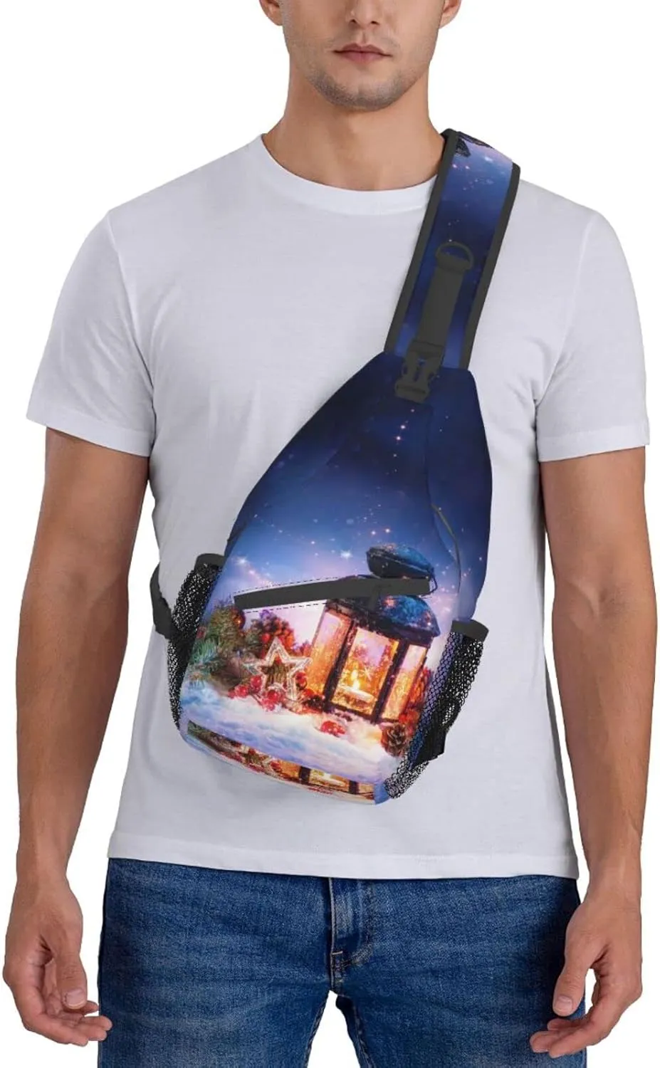Crossbody Sling Backpack Sling Bag Chest Bag Shoulder Bag Travel Hiking Daypack For Men Women-Lantern On Snow With Christmas