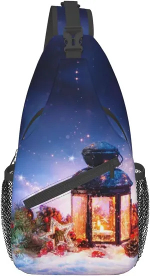 Crossbody Sling Backpack Sling Bag Chest Bag Shoulder Bag Travel Hiking Daypack For Men Women-Lantern On Snow With Christmas