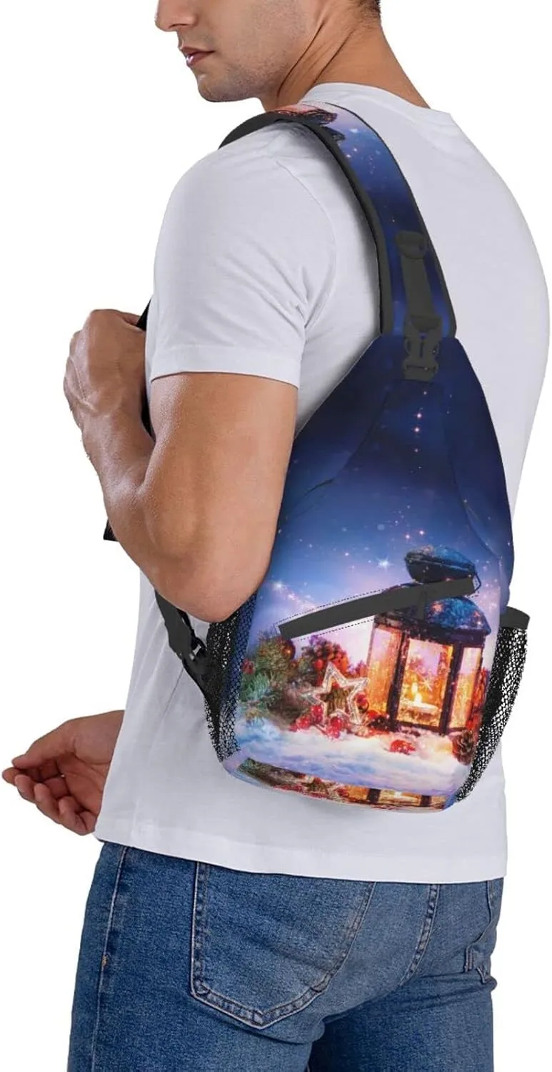 Crossbody Sling Backpack Sling Bag Chest Bag Shoulder Bag Travel Hiking Daypack For Men Women-Lantern On Snow With Christmas