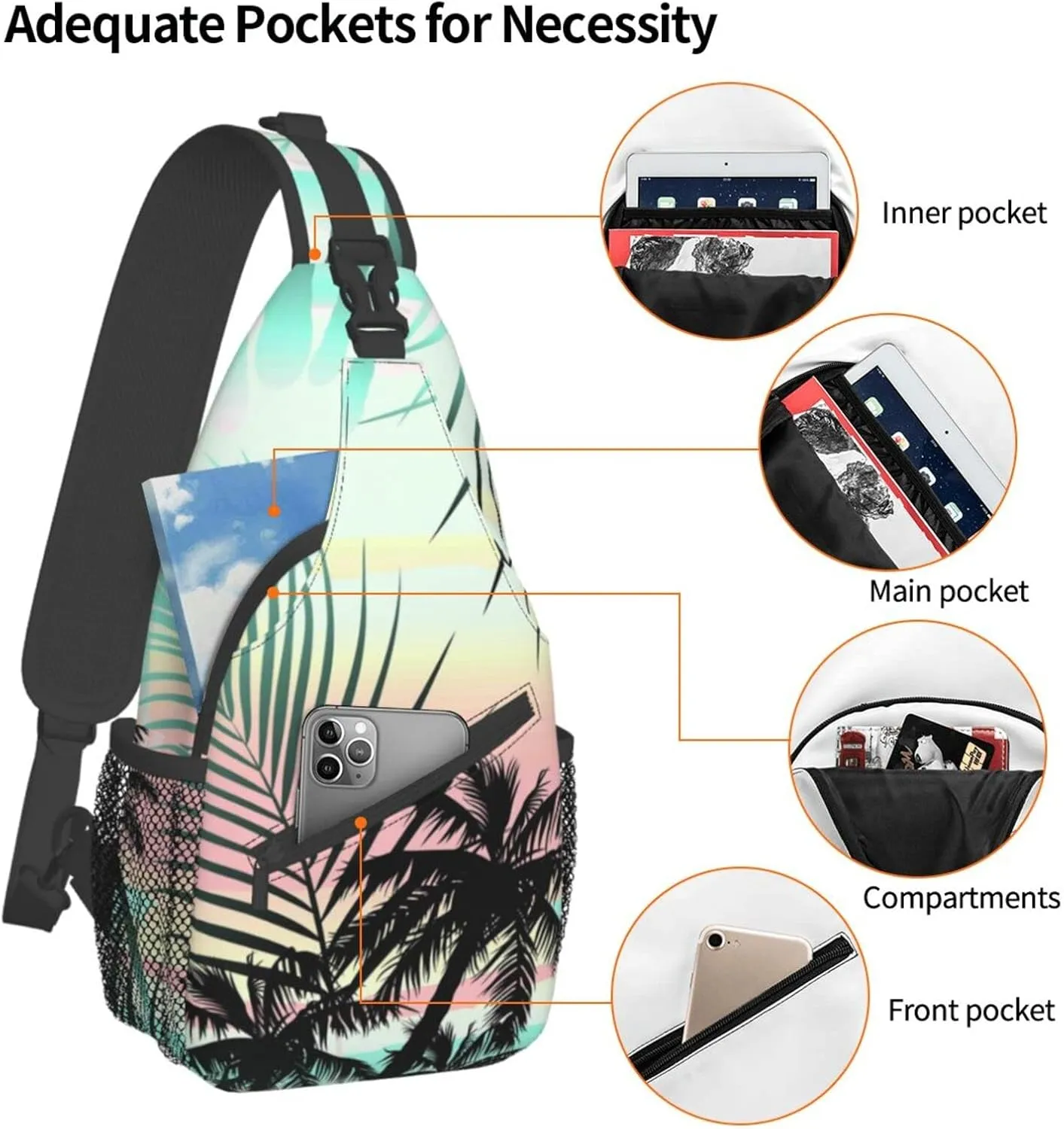 Crossbody Sling Backpack Sling Bag Chest Bag Shoulder Bag Travel Hiking Daypack For Men Women-Tropical Summer Palm