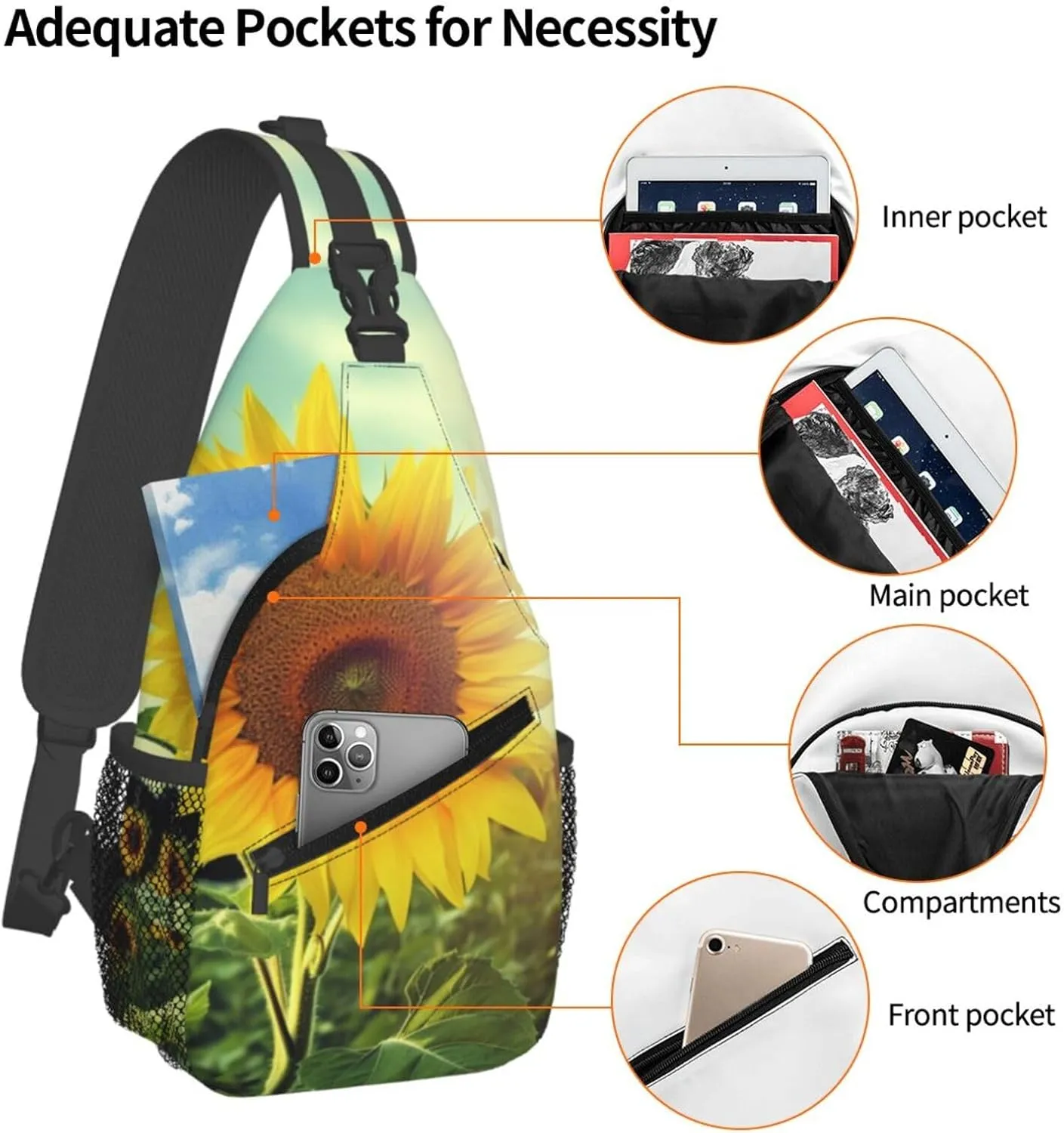Crossbody Sling Backpack Sling Bag For Men Women Cross Chest Bag Shoulder Bag Beautiful Sunflower Travel Hiking Daypack