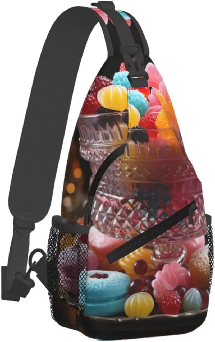 Crossbody Sling Backpack Sling Bag For Men Women Cross Chest Bag Shoulder Bag Candies On The Table Travel Hiking Daypack