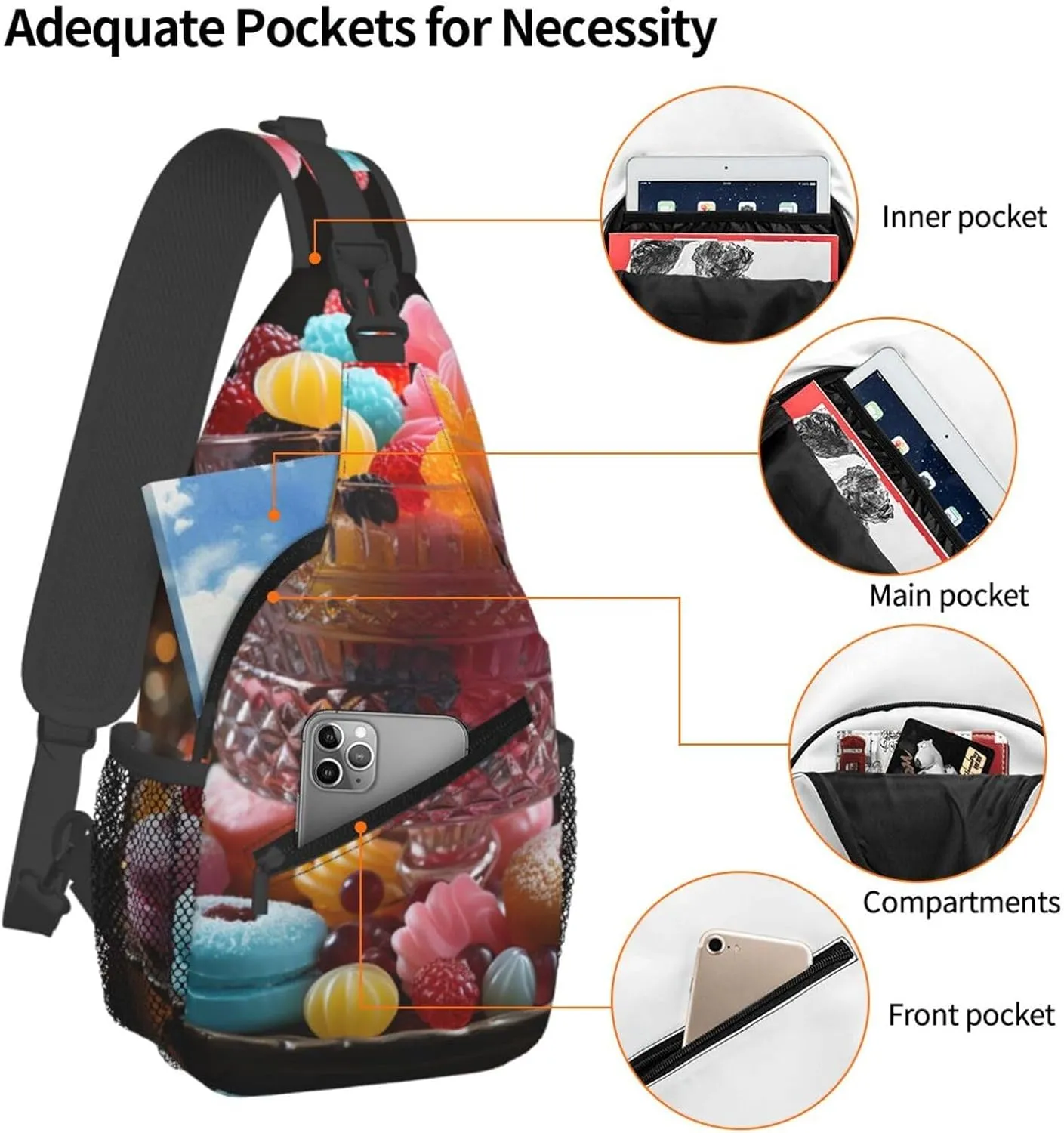 Crossbody Sling Backpack Sling Bag For Men Women Cross Chest Bag Shoulder Bag Candies On The Table Travel Hiking Daypack