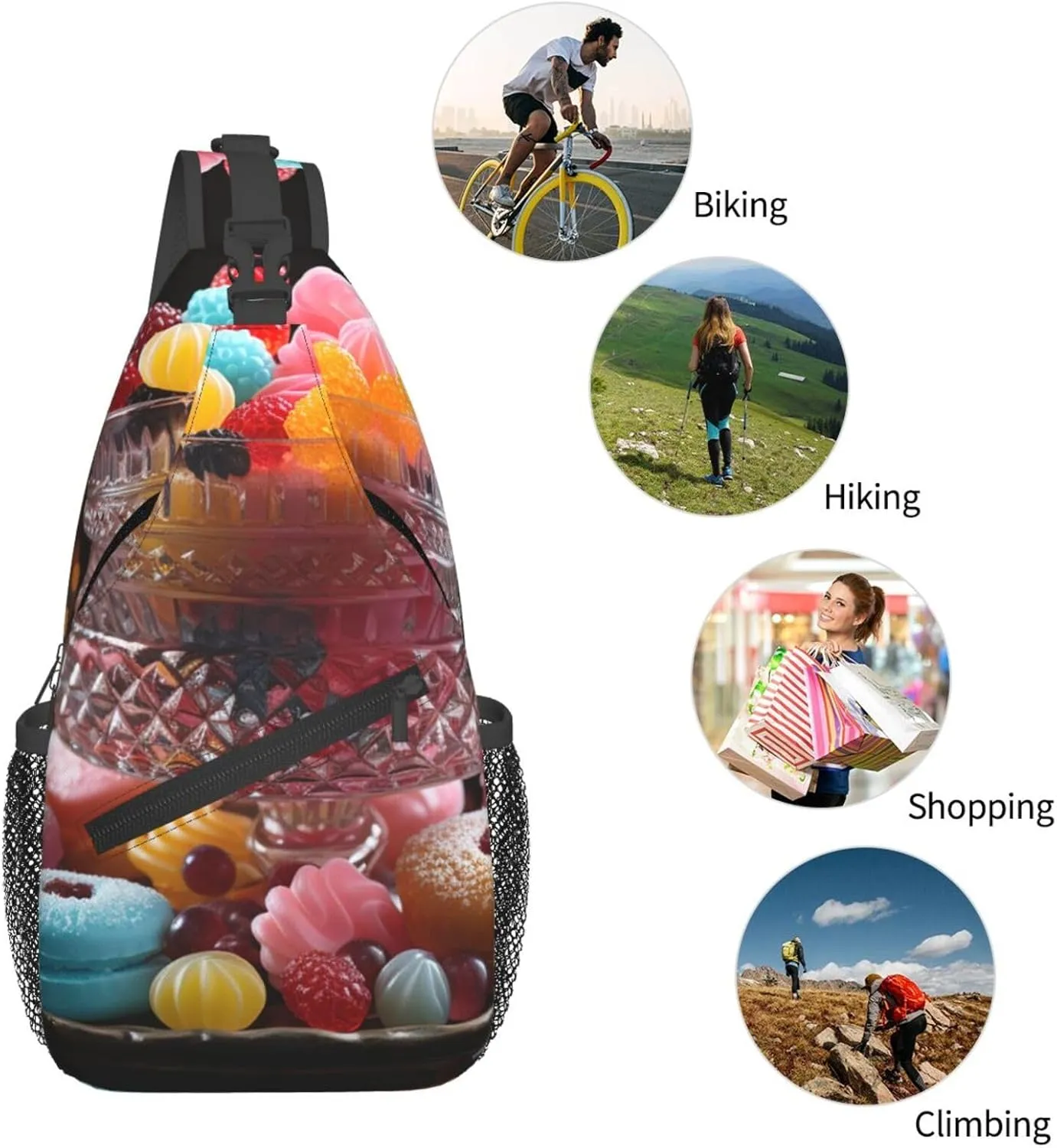 Crossbody Sling Backpack Sling Bag For Men Women Cross Chest Bag Shoulder Bag Candies On The Table Travel Hiking Daypack