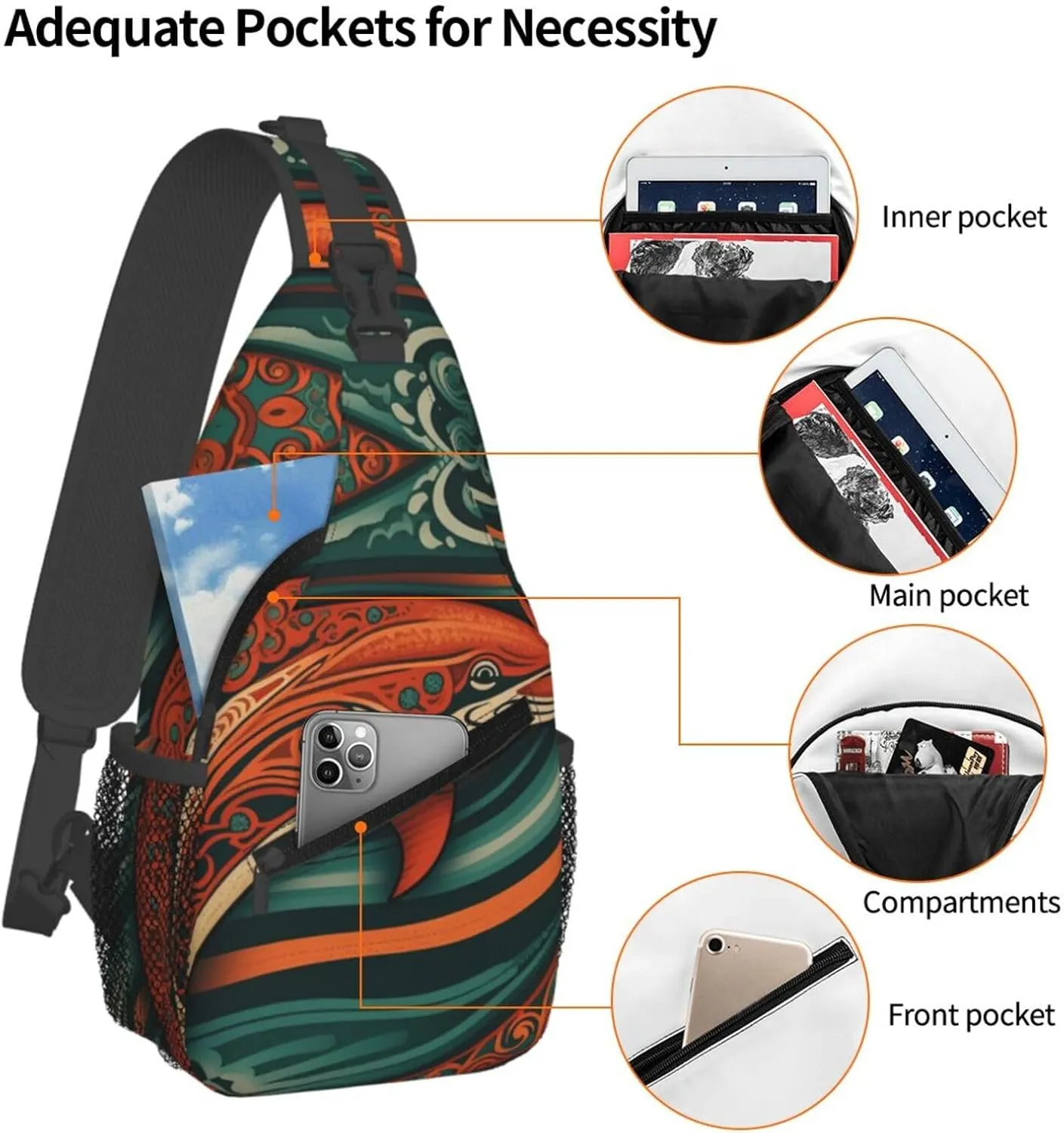 Crossbody Sling Backpack Sling Bag For Men Women Cross Chest Bag Shoulder Bag Dolphin Illustration Travel Hiking Daypack