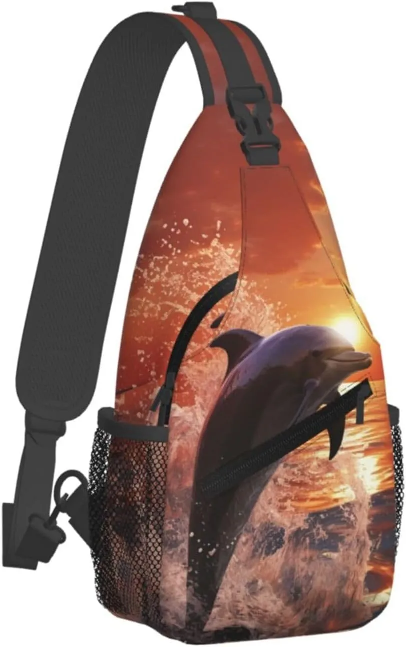 Crossbody Sling Backpack Sling Bag For Men Women Cross Chest Bag Shoulder Bag Dolphin Jumping In Water Travel Hiking Daypack
