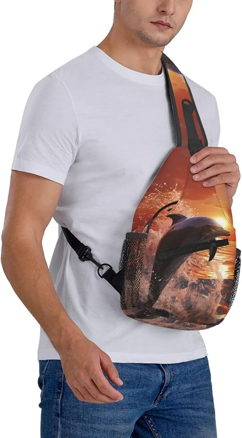 Crossbody Sling Backpack Sling Bag For Men Women Cross Chest Bag Shoulder Bag Dolphin Jumping In Water Travel Hiking Daypack