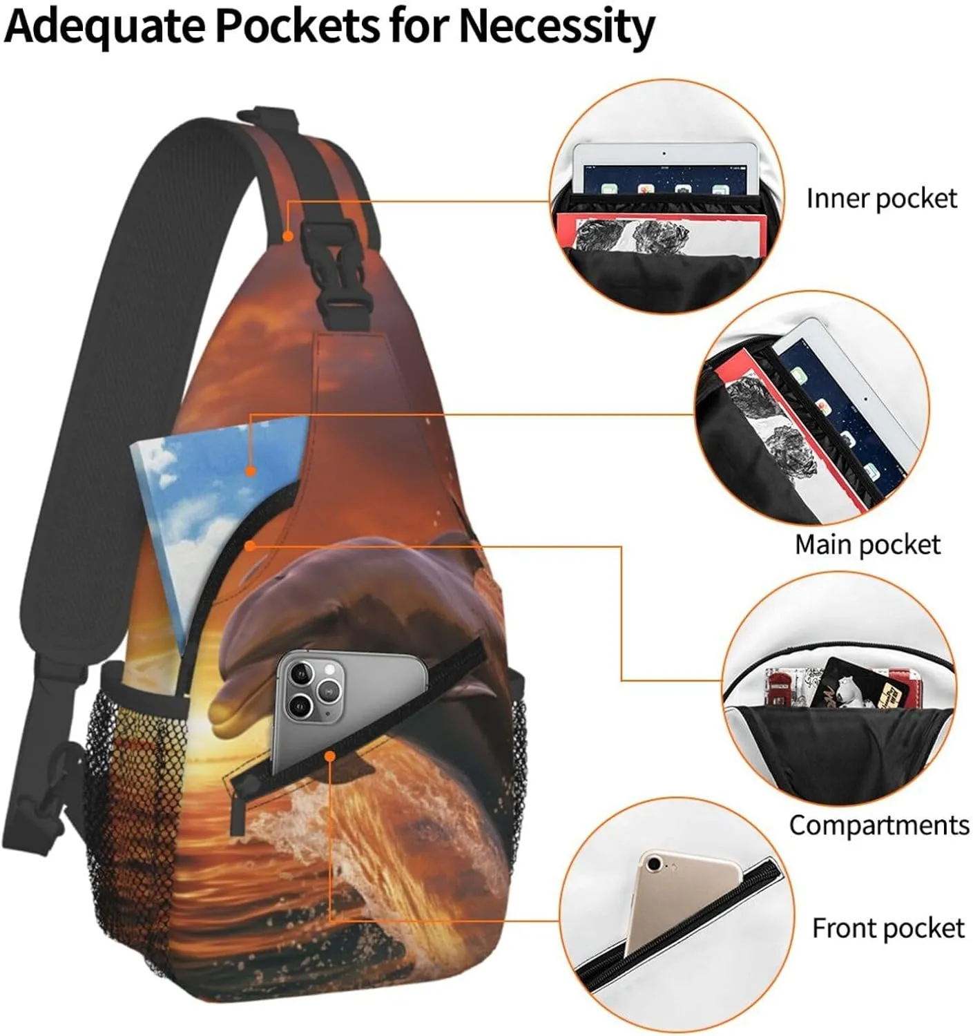 Crossbody Sling Backpack Sling Bag For Men Women Cross Chest Bag Shoulder Bag Dolphin Leaps Into The Sea Travel Hiking Daypack