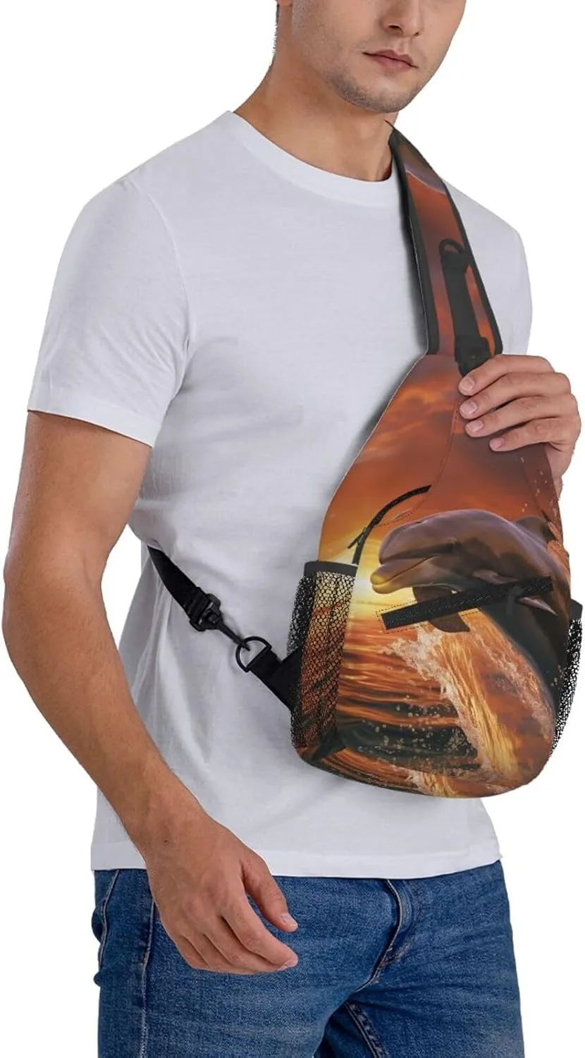 Crossbody Sling Backpack Sling Bag For Men Women Cross Chest Bag Shoulder Bag Dolphin Leaps Into The Sea Travel Hiking Daypack