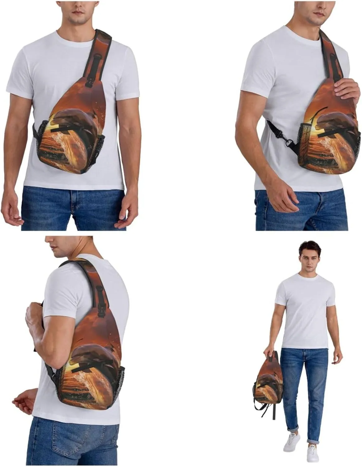 Crossbody Sling Backpack Sling Bag For Men Women Cross Chest Bag Shoulder Bag Dolphin Leaps Into The Sea Travel Hiking Daypack
