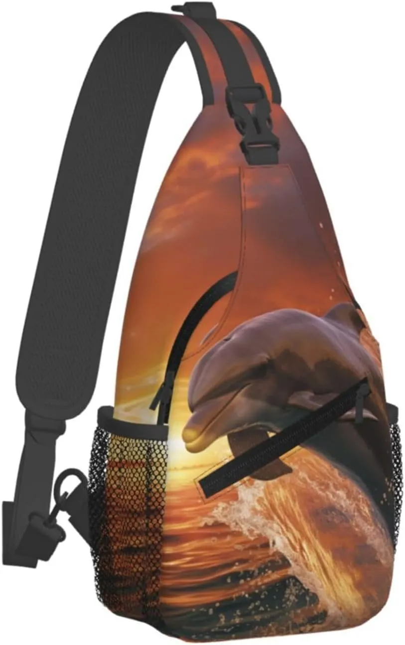 Crossbody Sling Backpack Sling Bag For Men Women Cross Chest Bag Shoulder Bag Dolphin Leaps Into The Sea Travel Hiking Daypack