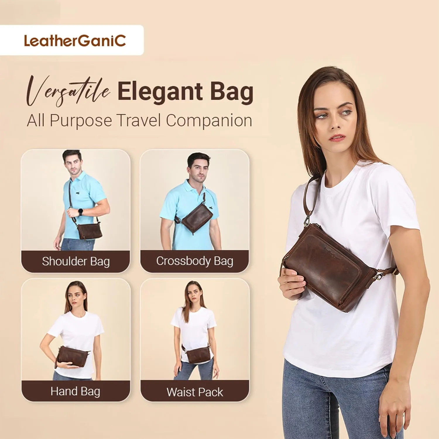 Crossbody Sling Bag for Men & Women Genuine Leather Shoulder Purse, Trendy Crossover Handbag Fanny Pack Waist Bags Organizer Stylish Multi Pocket Travel Gadget Holder for Daily Use
