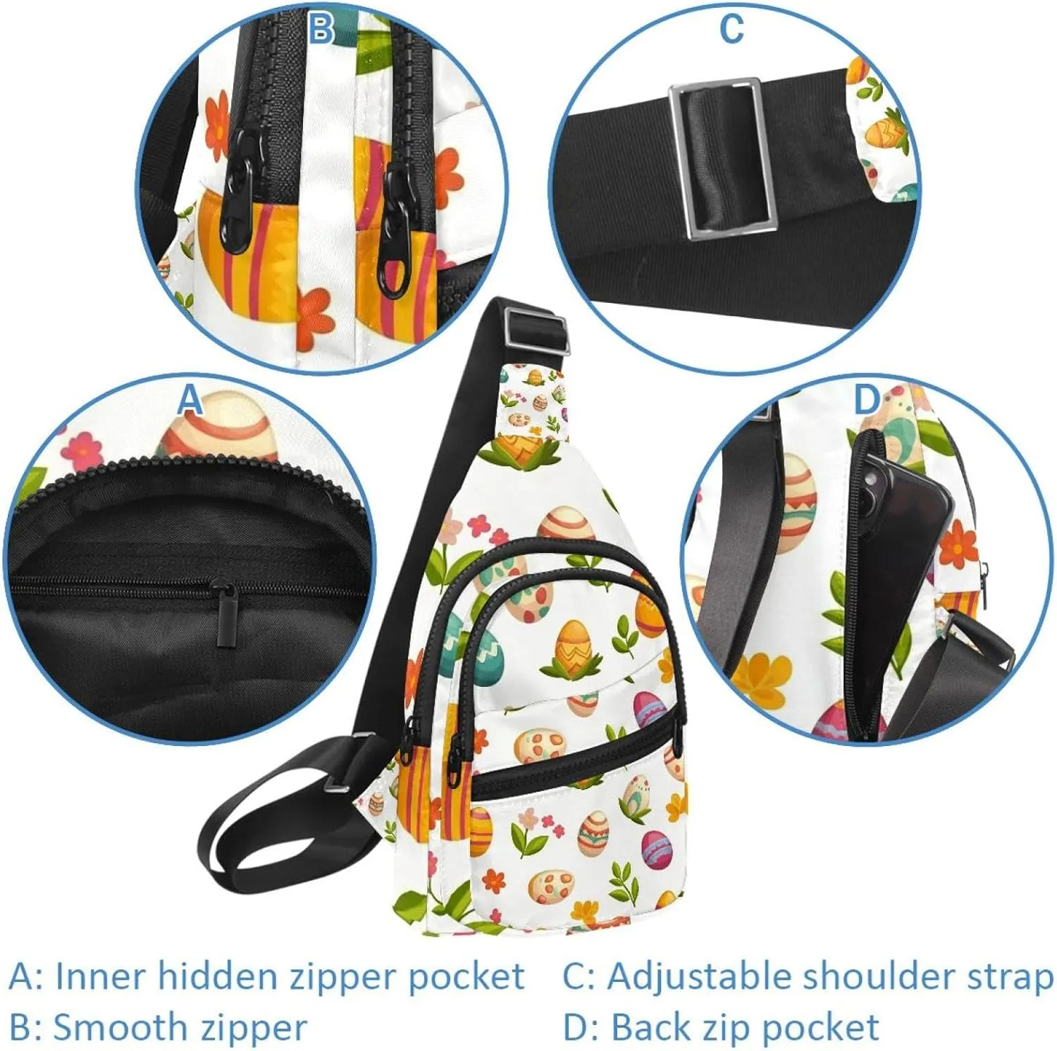 Crossbody Small Sling Bag Backpack for Women Men, Easter Painted Eggs Chest Daypack Crossbody Travel Sports Hiking