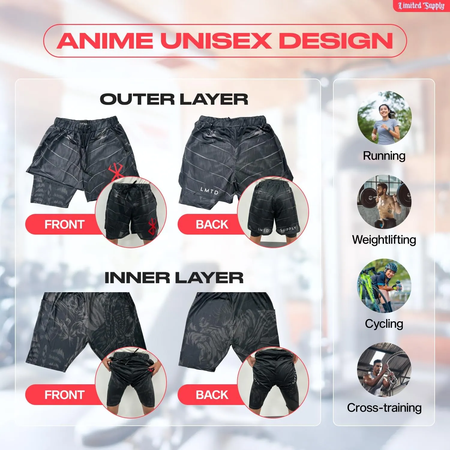 CROWN Anime Shorts - Breathable Stretch Compression Gym Mesh Short with Pockets and Towel Holder