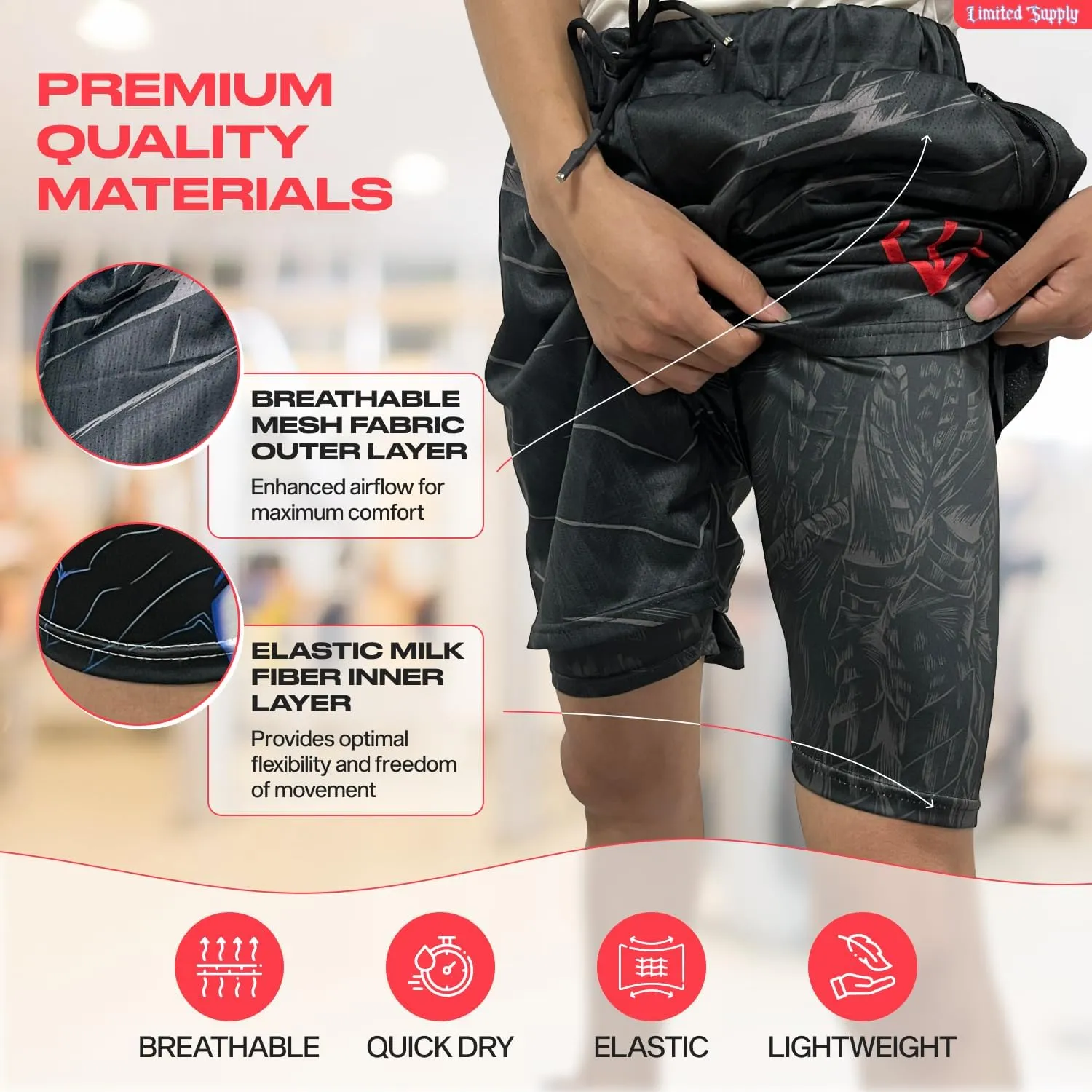 CROWN Anime Shorts - Breathable Stretch Compression Gym Mesh Short with Pockets and Towel Holder
