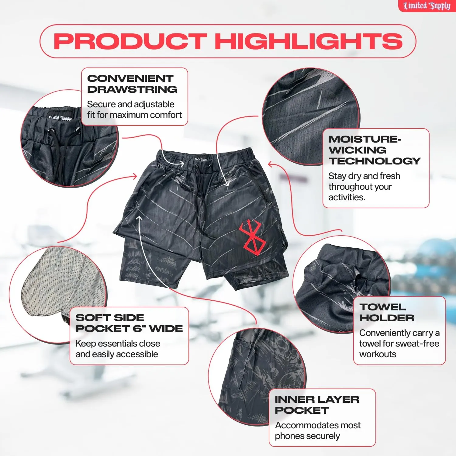 CROWN Anime Shorts - Breathable Stretch Compression Gym Mesh Short with Pockets and Towel Holder