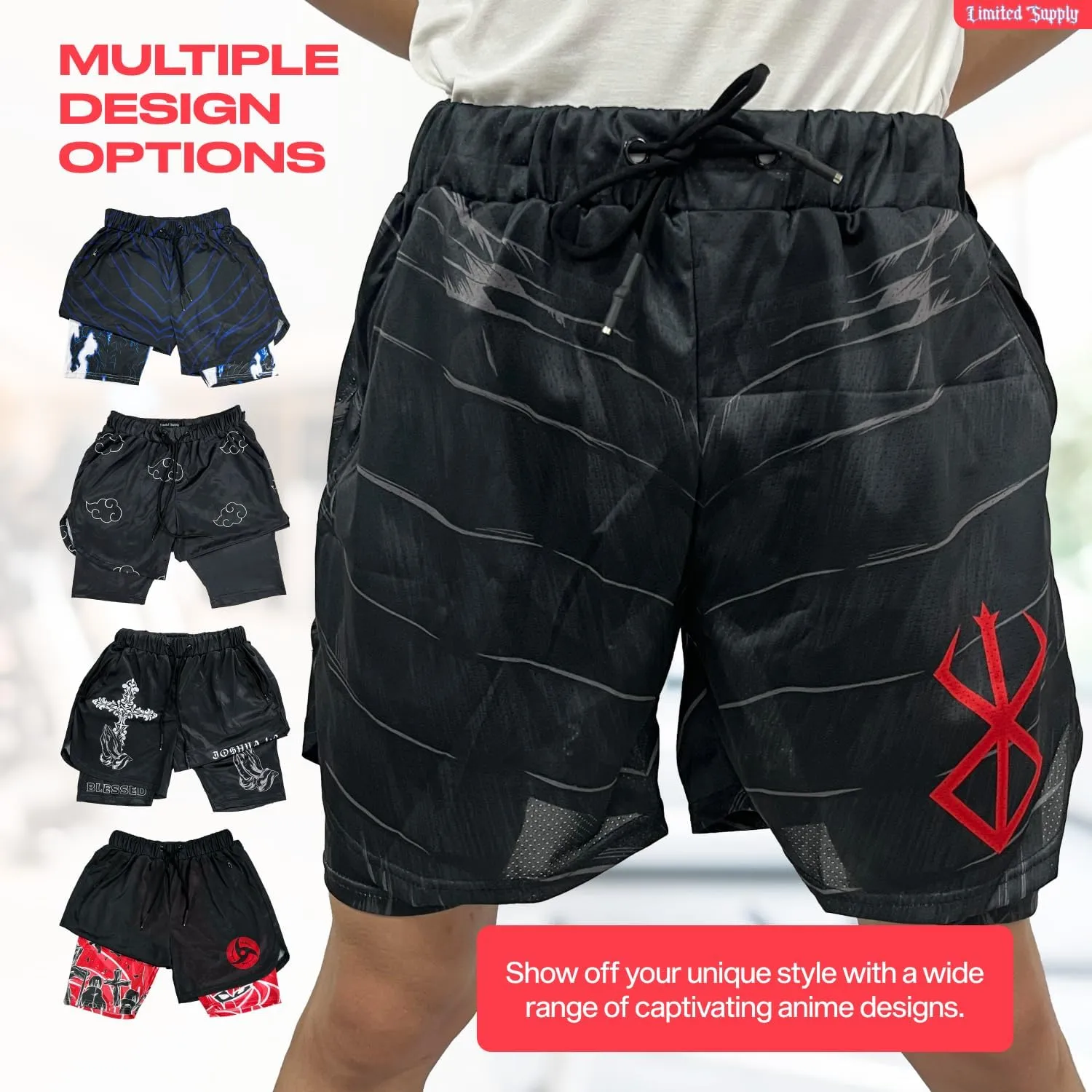 CROWN Anime Shorts - Breathable Stretch Compression Gym Mesh Short with Pockets and Towel Holder