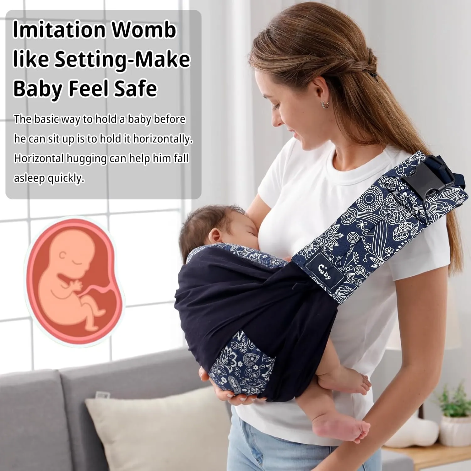 CUBY Wrap Baby Sling Carrier, Baby Wraps Sling Carrier Adjustable Breathable Lightweight Easy to Wearing - Baby Slings for Newborn Infant Toddler Front & Hip Carry Up to 40lbs (Dark Blue Floral)