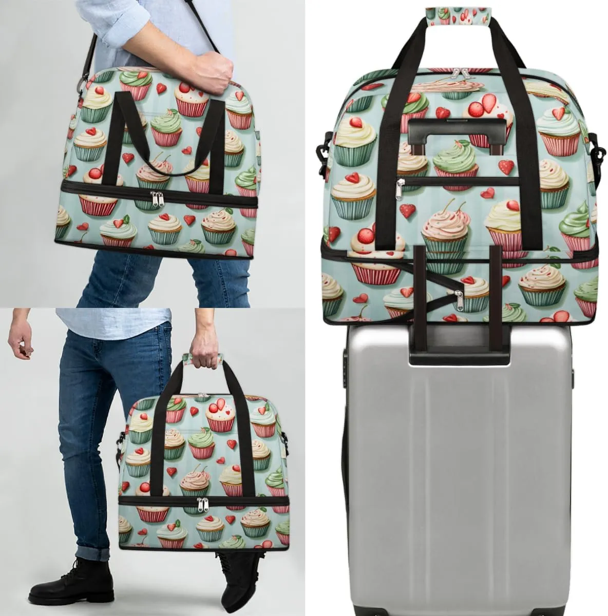 Cupcake Food Foldable Travel Duffel Bag Overnight Weekender Bag with Shoes Compartment Sports Gym Bag for Men Women