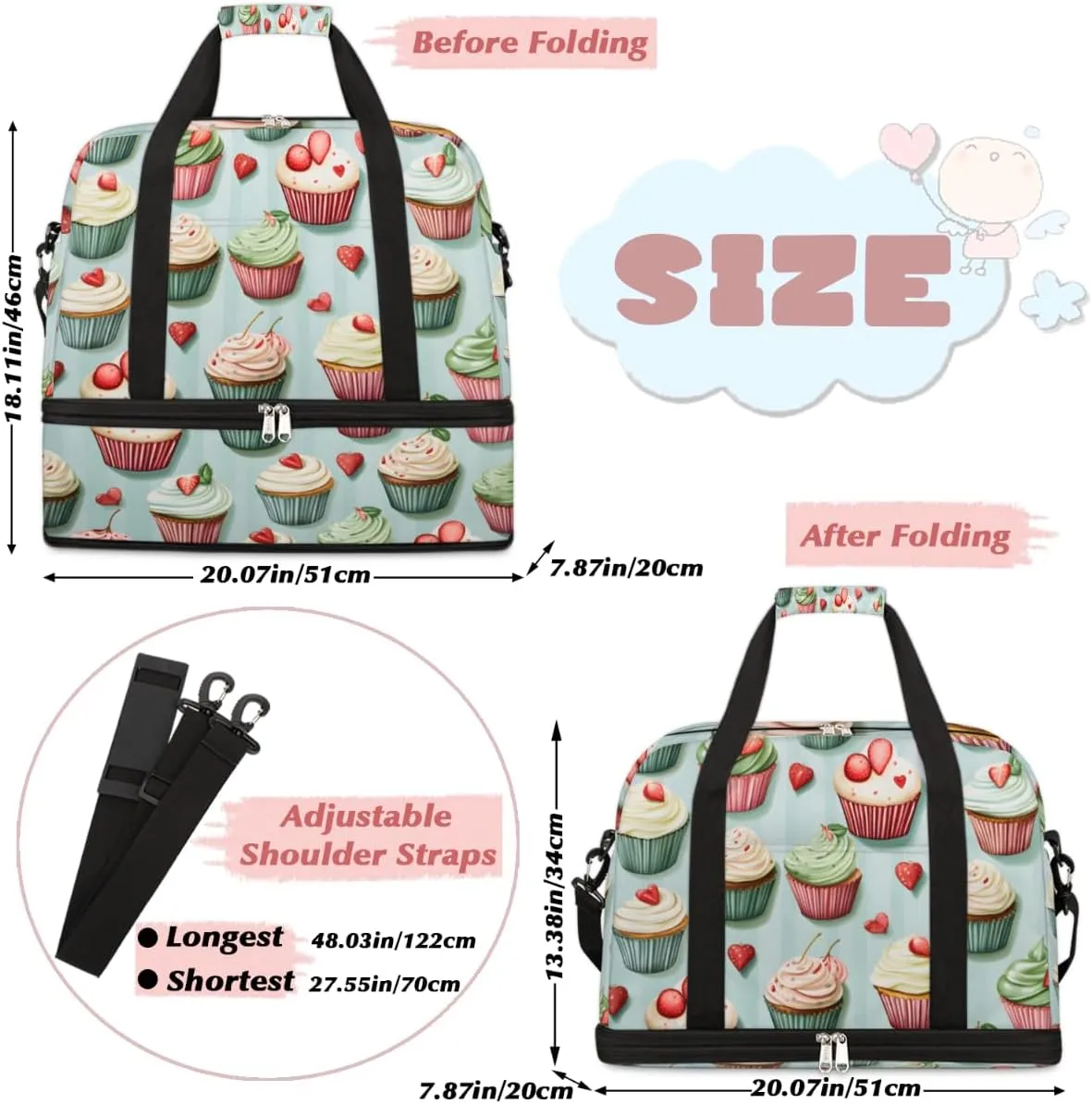 Cupcake Food Foldable Travel Duffel Bag Overnight Weekender Bag with Shoes Compartment Sports Gym Bag for Men Women