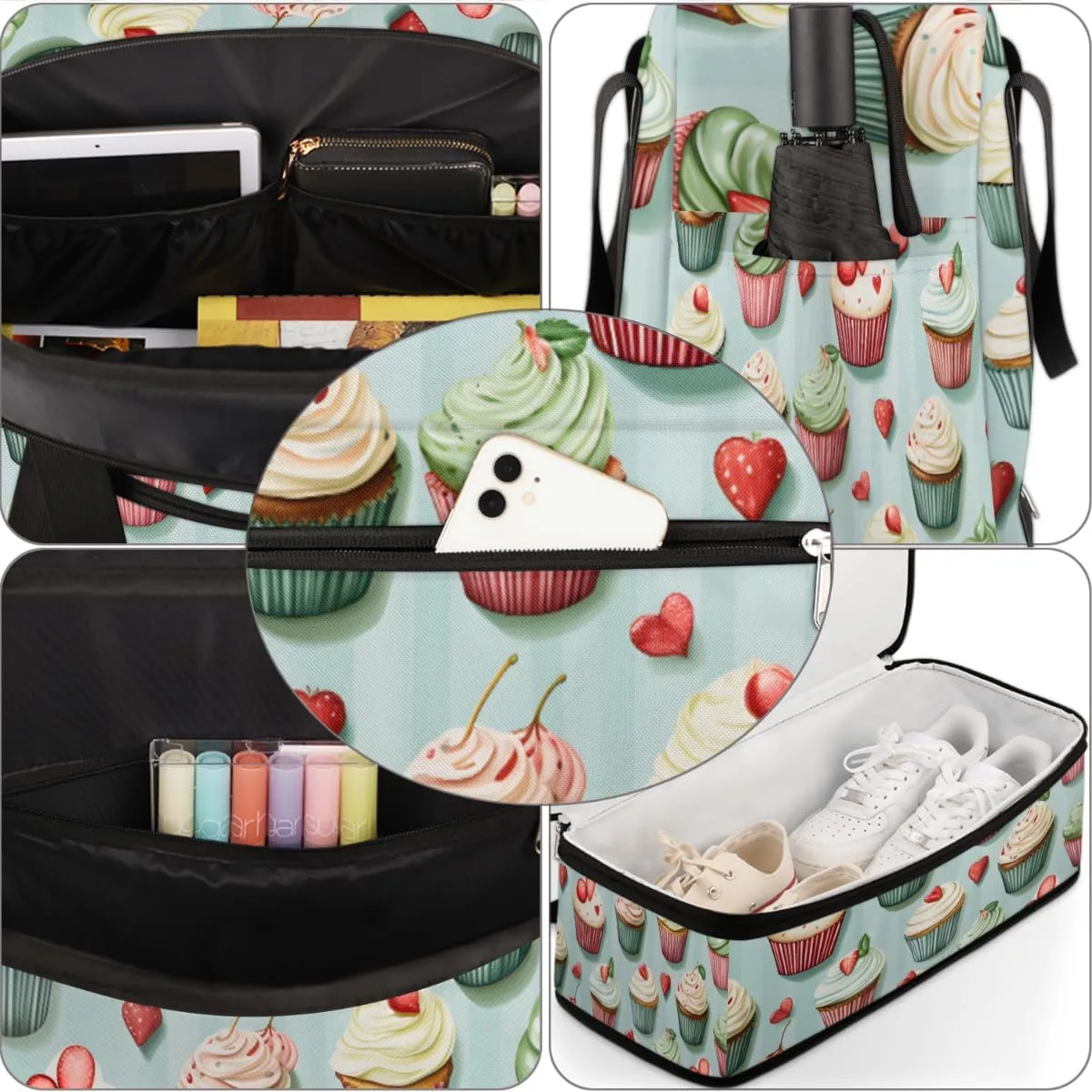 Cupcake Food Foldable Travel Duffel Bag Overnight Weekender Bag with Shoes Compartment Sports Gym Bag for Men Women