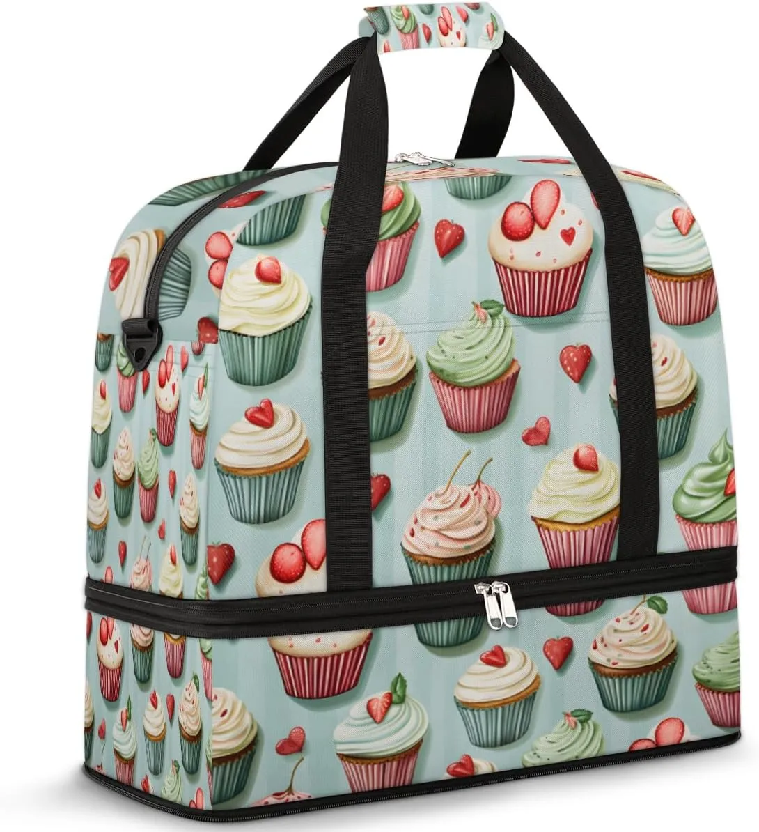 Cupcake Food Foldable Travel Duffel Bag Overnight Weekender Bag with Shoes Compartment Sports Gym Bag for Men Women