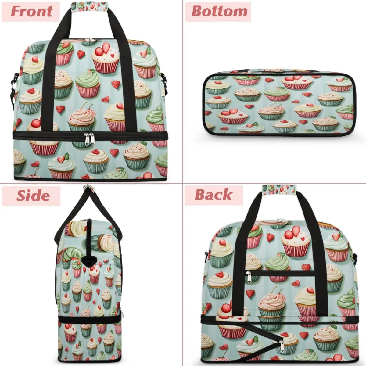 Cupcake Food Foldable Travel Duffel Bag Overnight Weekender Bag with Shoes Compartment Sports Gym Bag for Men Women