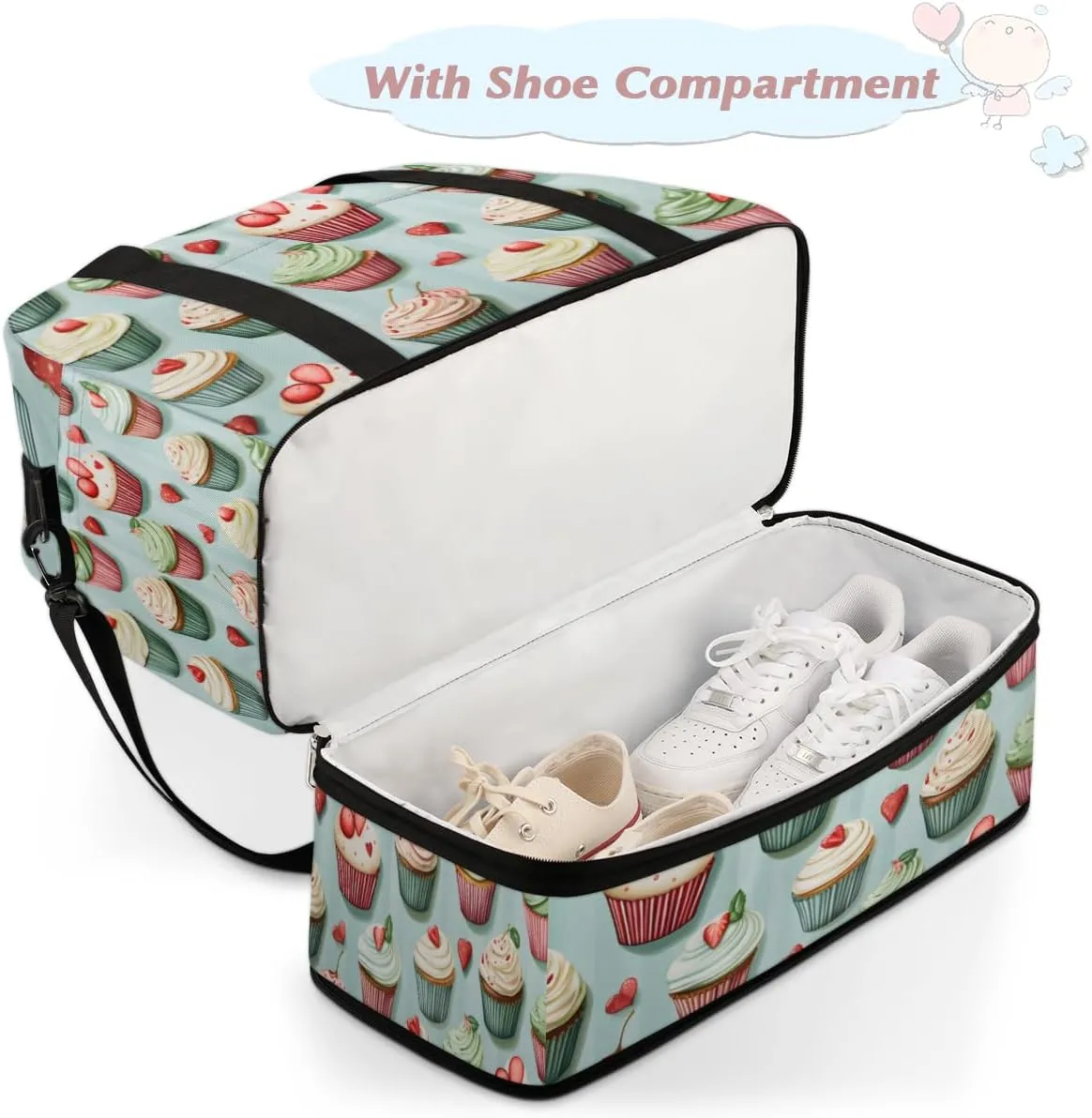 Cupcake Food Foldable Travel Duffel Bag Overnight Weekender Bag with Shoes Compartment Sports Gym Bag for Men Women