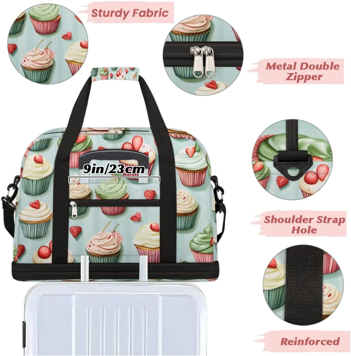 Cupcake Food Foldable Travel Duffel Bag Overnight Weekender Bag with Shoes Compartment Sports Gym Bag for Men Women