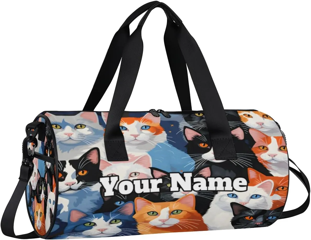 Custom Gym Bag for Women Men with Name, Personalized Cute Cats Breeds Duffel Bag for Sports, Waterproof Dance Bag, Lightweight Carryon Gym Bag, Cat Prints