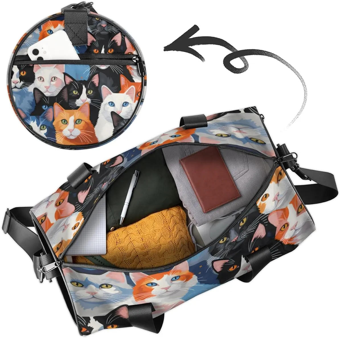 Custom Gym Bag for Women Men with Name, Personalized Cute Cats Breeds Duffel Bag for Sports, Waterproof Dance Bag, Lightweight Carryon Gym Bag, Cat Prints