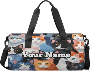 Custom Gym Bag for Women Men with Name, Personalized Cute Cats Breeds Duffel Bag for Sports, Waterproof Dance Bag, Lightweight Carryon Gym Bag, Cat Prints