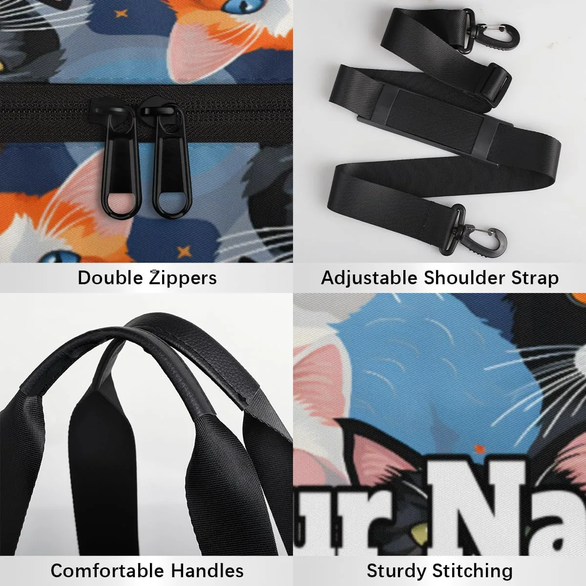 Custom Gym Bag for Women Men with Name, Personalized Cute Cats Breeds Duffel Bag for Sports, Waterproof Dance Bag, Lightweight Carryon Gym Bag, Cat Prints